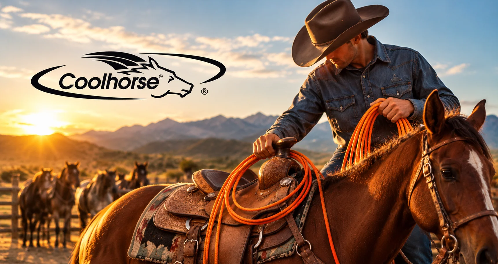 CoolHorse ranch at sunset, with a rider, horse and the CoolHorse logo